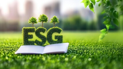 The word ESG made of green grass surrounded by three small trees represents sustainability, eco friendly strategies, and green business initiatives