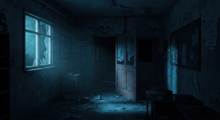 Obraz premium Abandoned classroom: eerie atmosphere with broken window and dim lighting
