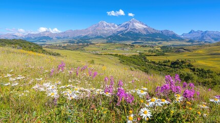 Fototapeta premium Mountain meadow wildflowers summer landscape scenic travel poster (4)