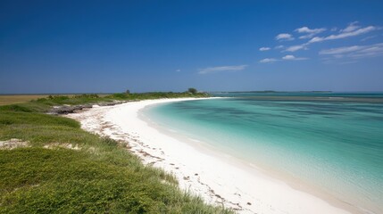 A lush coastal jungle meeting a pristine white sand beach with blue waters