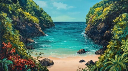 Secluded tropical cove beach escape with vibrant flora and turquoise water
