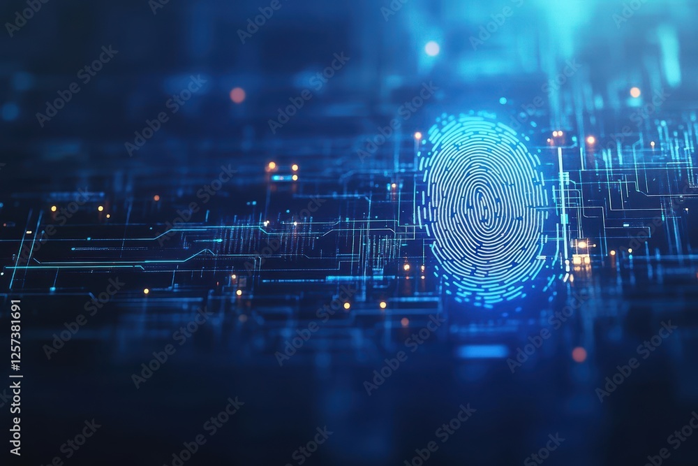 Poster Fingerprint on a circuit board with a blue background technology and security conceptual image