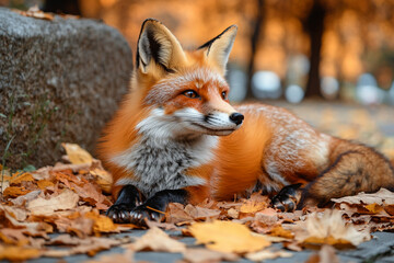       There is a fox that is laying down in the leaves