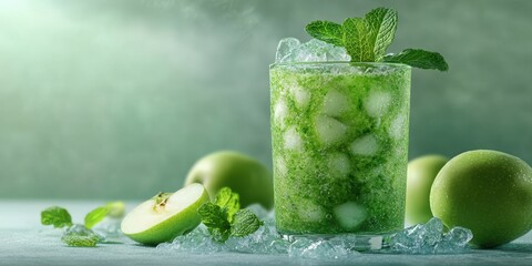 Refreshing mint and apple beverage on a cool green background with ice