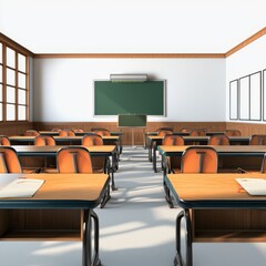 Classroom Interior with Desks and Chalkboard Designed for Educational Environment and Learning Activities