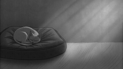 Charming sleeping cat with curled tail resting peacefully on a cozy bed in soft grayscale light
