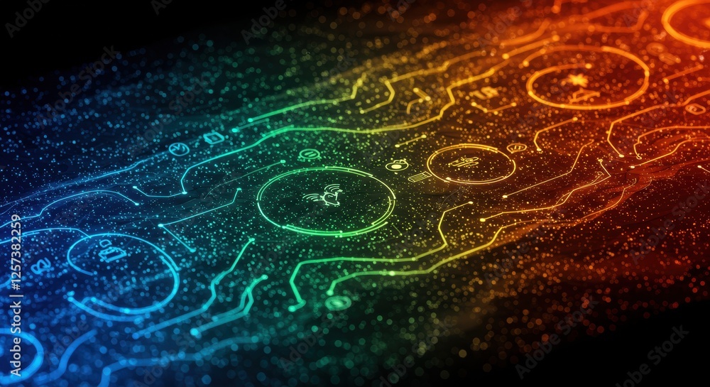 Poster futuristic rainbow circuitry on dark background with glowing tech patterns