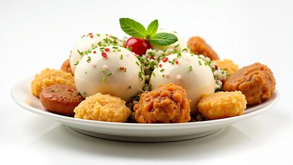 Delicious Mishti Doi with Assorted Indian Sweets on a White Plate