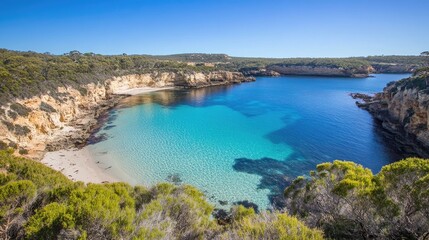A quiet hidden bay surrounded by lush cliffs and clear aquamarine water