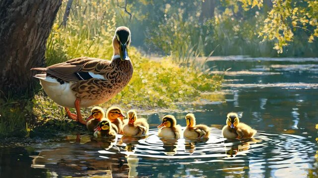 A mother duck leading her fluffy ducklings across a calm pond, illuminated by warm golden sunlight