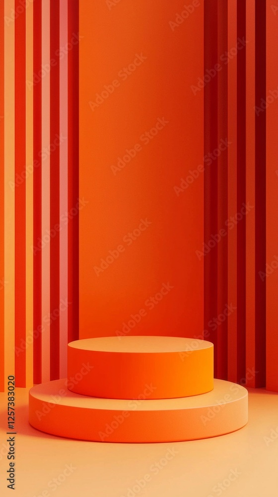 Poster in a bold display of color, a realistic orange cylindrical podium stands isolated against a backdrop
