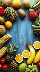 Colorful fruits and vegetables border on blue wood.  Food photography for recipe or health blog