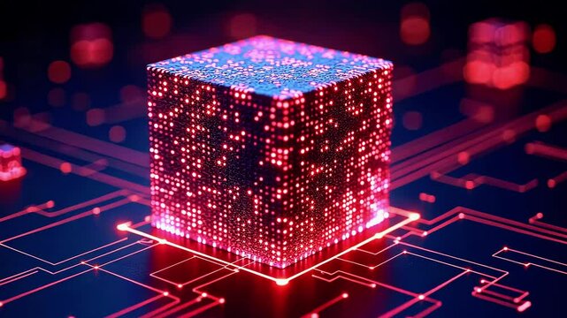 A glowing cube on a circuit board, symbolizing technology and innovation in a digital landscape