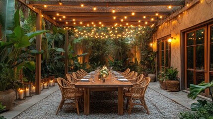 Outdoor Patio Dinner Party, Romantic Lighting, Garden Setting, Pebble Path