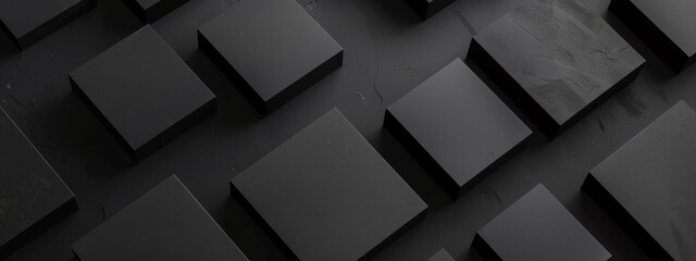 Fototapeta premium Black Background with Triangular Patterns and Squares for Design Banner Template, Featuring Abstract Minimalist Wallpaper with Copy Space on Black Background