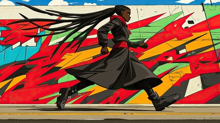Black woman runs past vibrant graffiti art