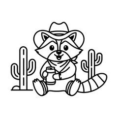 Cowboy Raccoon with Cactus Outline Illustration