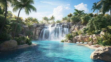 Naklejka premium A tropical waterfall pouring into a blue lagoon, with lush palm trees swaying nearby