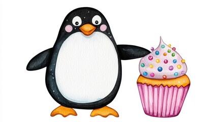 A cute cartoon penguin happily holds a colorful cupcake adorned with sprinkles, set against a white background.