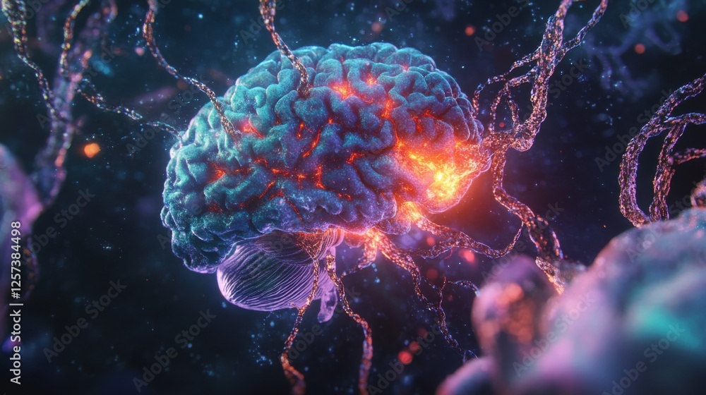 Poster abstract digital rendering of a human brain with glowing neural connections