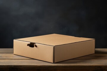 Cardboard box on wooden table with dark background