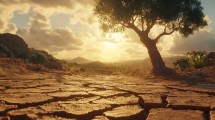 Sunlit Dry Landscape with a Single Tree at Golden Hour Glow