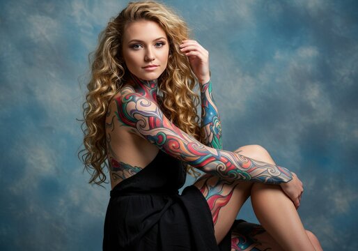 Stunning Woman with Colorful Tattoo Art Portrait