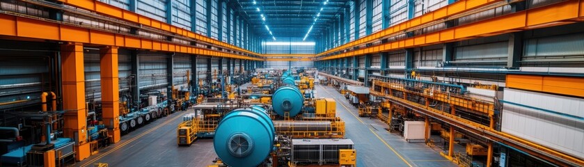 Fototapeta premium Large factory interior with industrial machine and production equipment in the center of the space