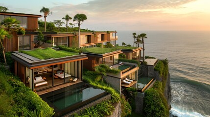 Fototapeta premium Cliffside luxury villas overlooking ocean at sunset. Potential use Travel brochure, luxury resort advertising