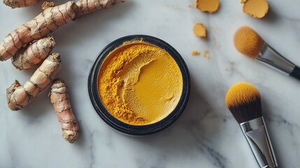 Turmeric powder face mask, marble background, beauty routine