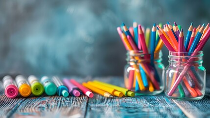 Colorful pencils and markers on a wooden table, school supplies, creativity, education, learning, classroom, background