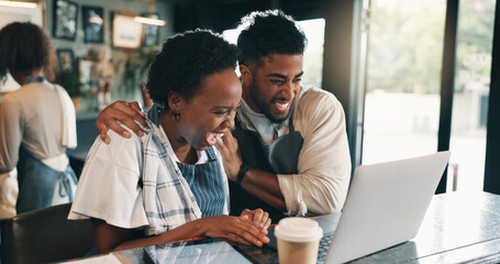 Laptop, team and winner with people in cafe for product inventory, supplier deal and budget profit. Menu discounts, reputation rating and small business owner with employee in coffee shop for success