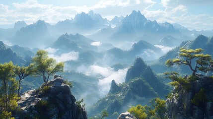 Obraz premium A serene mountain scene shrouded in mist, featuring dense trees and a mysterious atmosphere