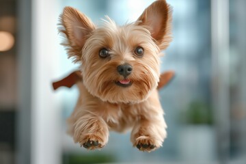 Cute fluffy dog flying through the air with open mouth and ears flapping in a bright indoor environment