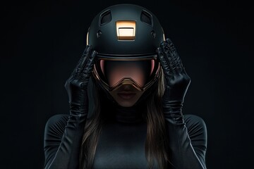 Futuristic Woman In Black And Gold Helmet