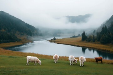 Obraz premium Cows grazing peacefully by a serene lake surrounded by misty mountains in the early morning light. Generative AI