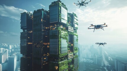 A futuristic skyscraper covered in solar panels, with flying drones delivering supplies to different levels. 