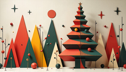 Obraz premium Abstract Christmas tree and geometric holiday decorations