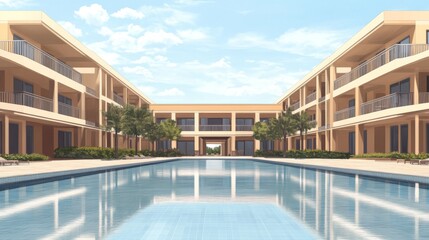 Resort pool courtyard, sunny day, tranquil scene, travel brochure