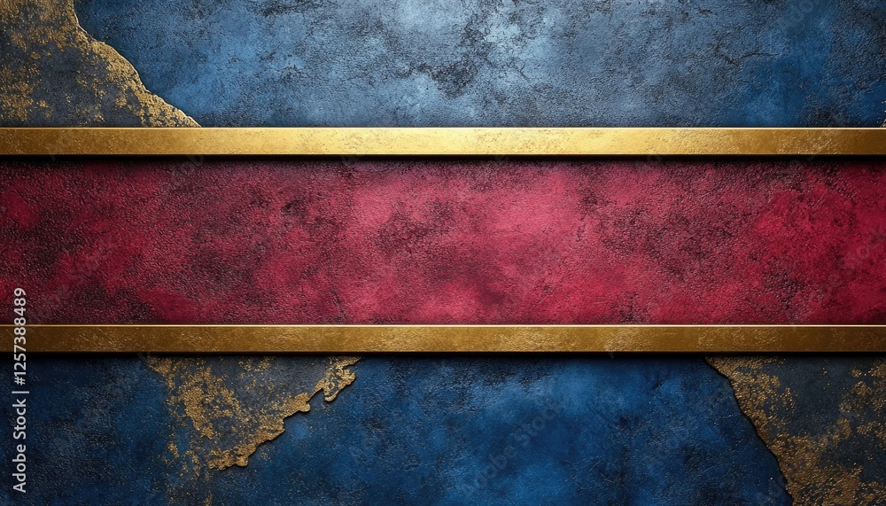 Poster Textured blue and red background with gold accents. Ideal for adding text or design elements, creating luxurious or elegant visuals.