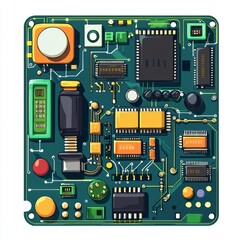 Detailed Illustration of a Vintage Circuit Board with Various Electronic Components and Colorful Layout