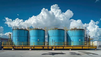 Obraz premium Industrial Storage Tanks Under a Cloudy Sky, showcasing weathered metal and robust construction, standing tall against the backdrop of fluffy clouds.