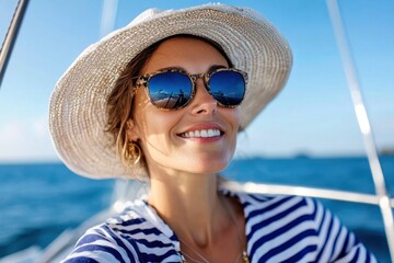 Stylish Woman Sailing With A Sun Hat And Shades