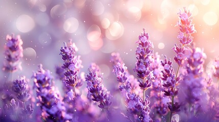 Obraz premium Lavender field in soft sunlight; beautiful flowers in bloom; serene countryside scene; use in nature-themed design, posters, or wallpapers