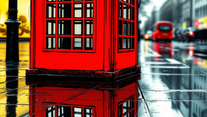 Obraz premium Red telephone booth reflecting on rainy street