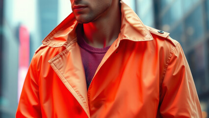 Man in orange raincoat standing in urban environment