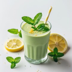 Fototapeta premium Creamy Green Smoothie with Mint and Lemon Garnish