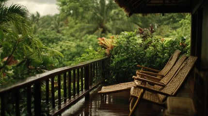 Obraz premium Rainy Balcony, Tropical View, Relaxation, Jungle