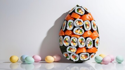 Rolls, sushi laid out in the shape of an egg, Easter egg, light background, Easter business banner, sushi restaurant, delivery, holiday promotions and discounts