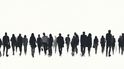 Silhouetted crowd walking, city street, background white